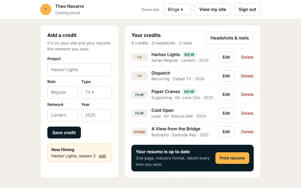 The Casting Portal included with Lead actor websites