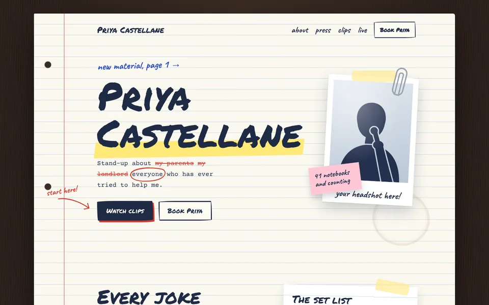 Notebook style comedian website